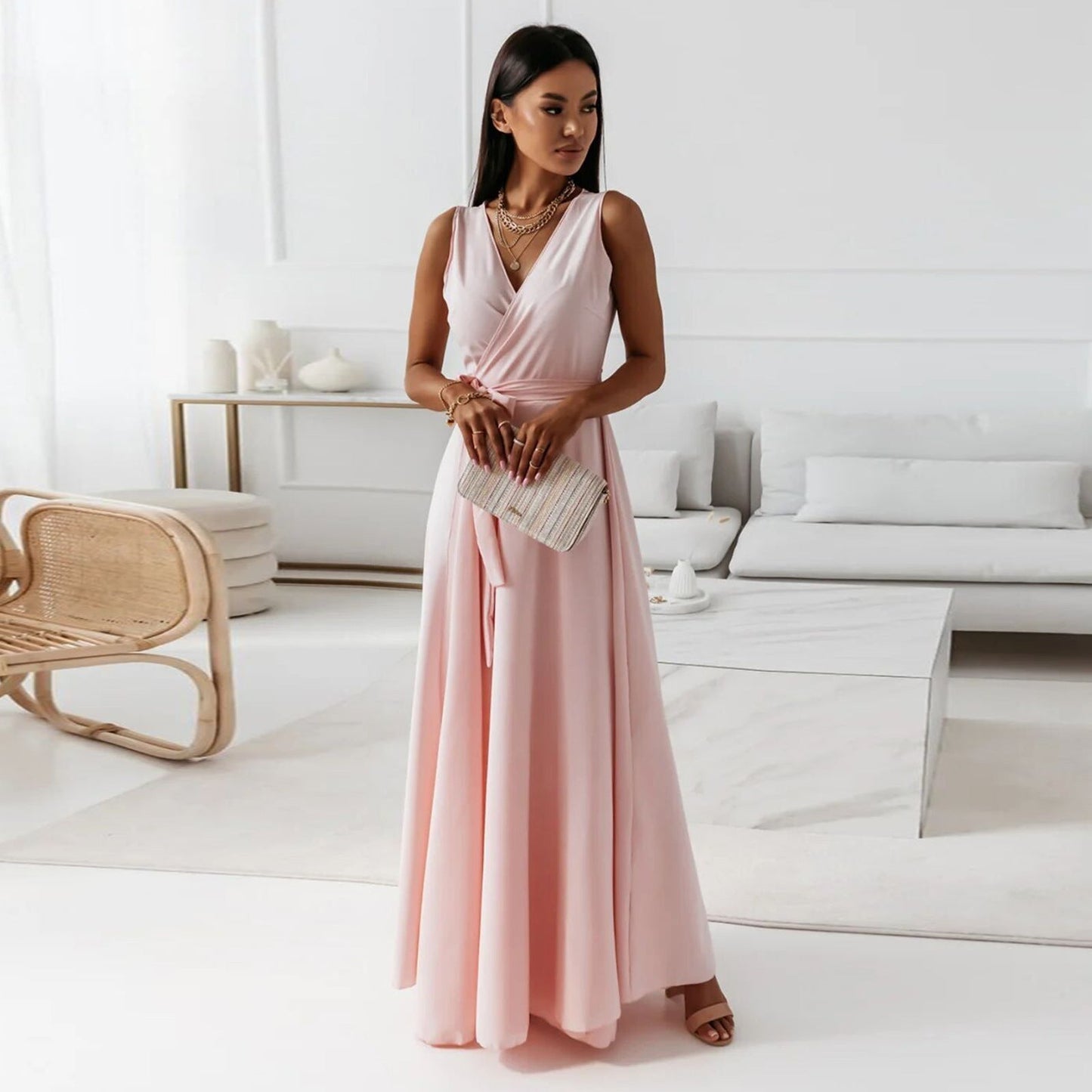 Vestido Maxi Envolvente Elegante para Mujeres con Escote en V Sin Mangas y Cintura Ajustable, Estilo Formal para Invitadas de Boda