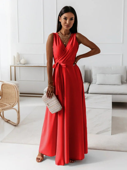 Vestido Maxi Envolvente Elegante para Mujeres con Escote en V Sin Mangas y Cintura Ajustable, Estilo Formal para Invitadas de Boda