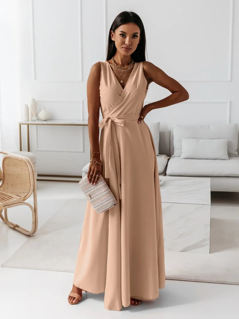 Vestido Maxi Envolvente Elegante para Mujeres con Escote en V Sin Mangas y Cintura Ajustable, Estilo Formal para Invitadas de Boda