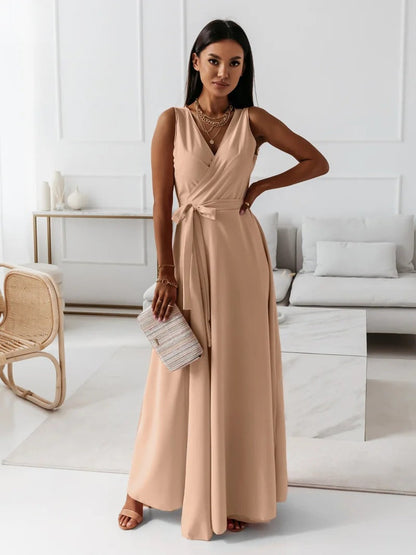 Vestido Maxi Envolvente Elegante para Mujeres con Escote en V Sin Mangas y Cintura Ajustable, Estilo Formal para Invitadas de Boda