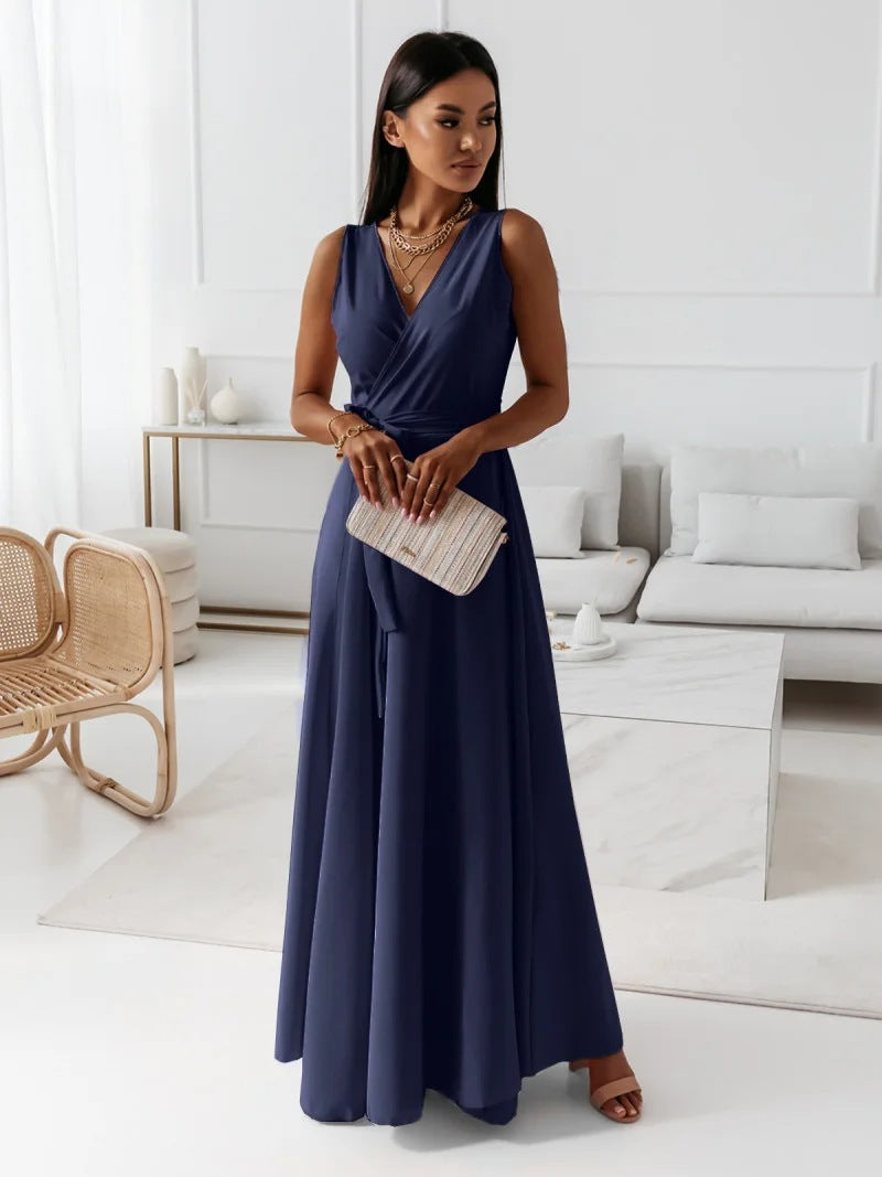 Vestido Maxi Envolvente Elegante para Mujeres con Escote en V Sin Mangas y Cintura Ajustable, Estilo Formal para Invitadas de Boda