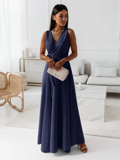 Vestido Maxi Envolvente Elegante para Mujeres con Escote en V Sin Mangas y Cintura Ajustable, Estilo Formal para Invitadas de Boda