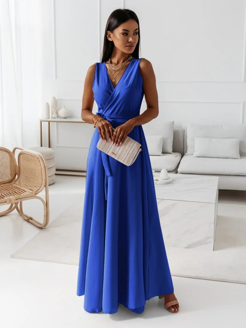Vestido Maxi Envolvente Elegante para Mujeres con Escote en V Sin Mangas y Cintura Ajustable, Estilo Formal para Invitadas de Boda