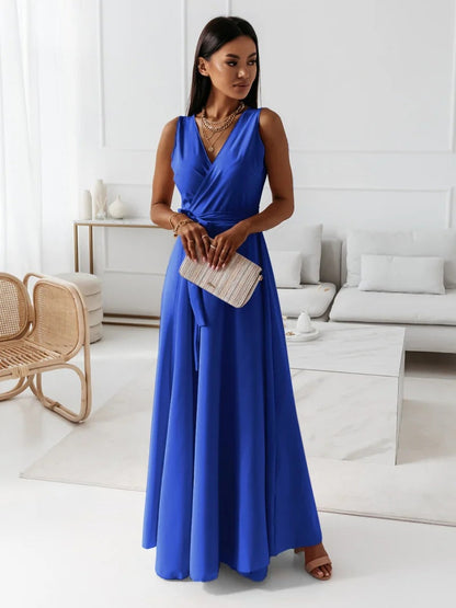 Vestido Maxi Envolvente Elegante para Mujeres con Escote en V Sin Mangas y Cintura Ajustable, Estilo Formal para Invitadas de Boda