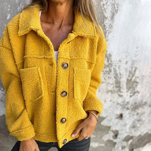 Chaqueta Sherpa Cómoda para Mujeres con Cuello, Manga Larga, Botones al Frente, Estilo Casual Relajado