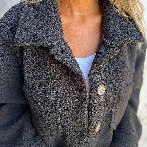 Chaqueta Sherpa Cómoda para Mujeres con Cuello, Manga Larga, Botones al Frente, Estilo Casual Relajado