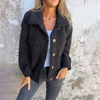 Chaqueta Sherpa Cómoda para Mujeres con Cuello, Manga Larga, Botones al Frente, Estilo Casual Relajado