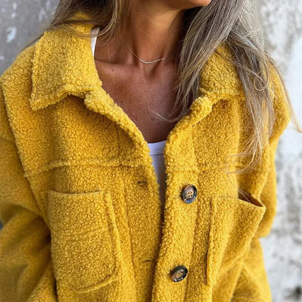 Chaqueta Sherpa Cómoda para Mujeres con Cuello, Manga Larga, Botones al Frente, Estilo Casual Relajado