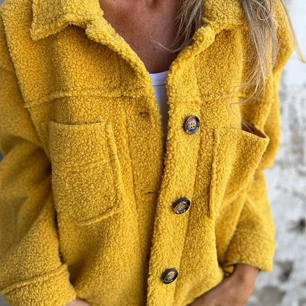 Chaqueta Sherpa Cómoda para Mujeres con Cuello, Manga Larga, Botones al Frente, Estilo Casual Relajado