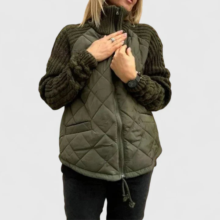Chaqueta de Suéter Acolchada y Cómoda para Mujeres con Cuello Alto, Manga Larga y Cierre Frontal de Cremallera, Estilo Casual