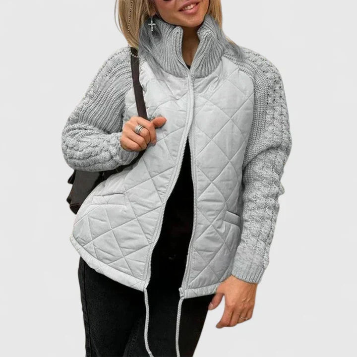 Chaqueta de Suéter Acolchada y Cómoda para Mujeres con Cuello Alto, Manga Larga y Cierre Frontal de Cremallera, Estilo Casual