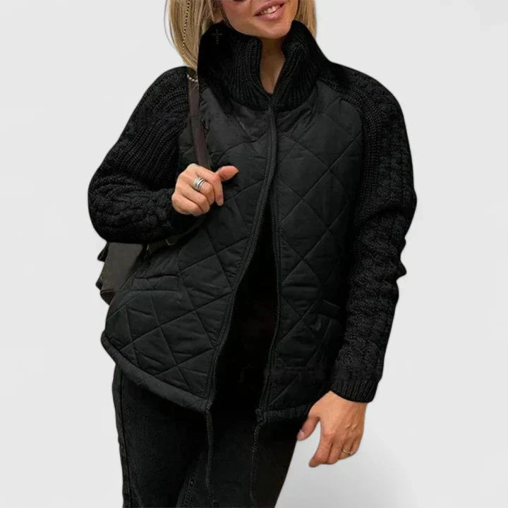 Chaqueta de Suéter Acolchada y Cómoda para Mujeres con Cuello Alto, Manga Larga y Cierre Frontal de Cremallera, Estilo Casual