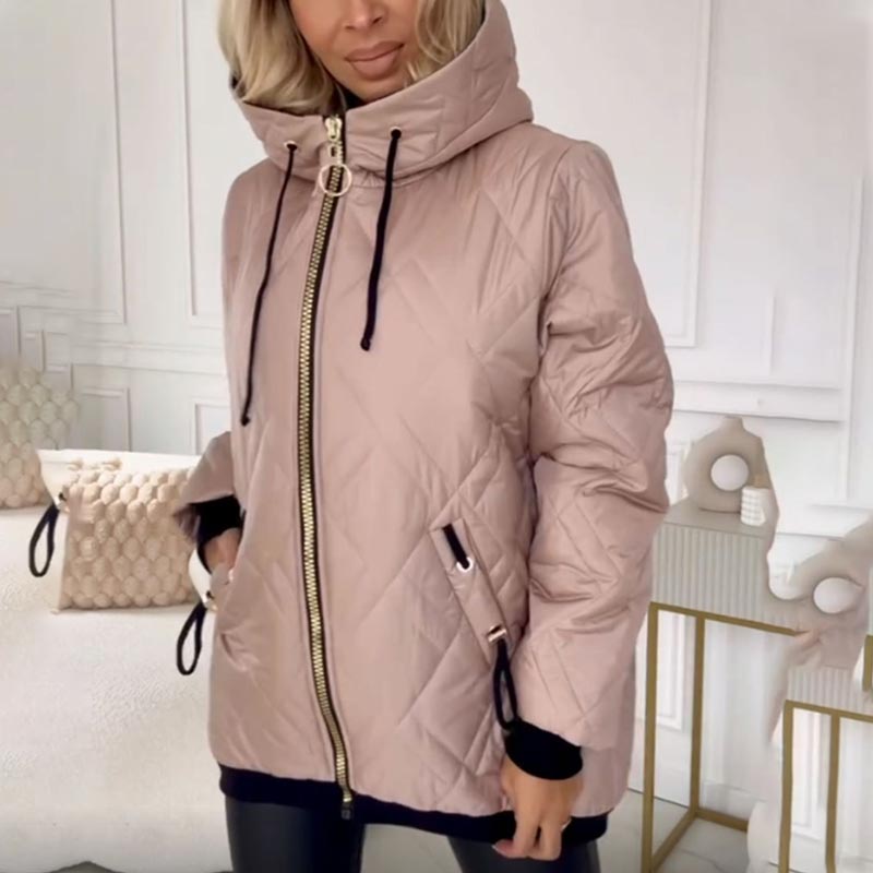 Chaqueta Acolchada Cómoda para Mujeres con Capucha, Cuello Alto, Manga Larga, Cierre Frontal con Cremallera y Estilo Relajado