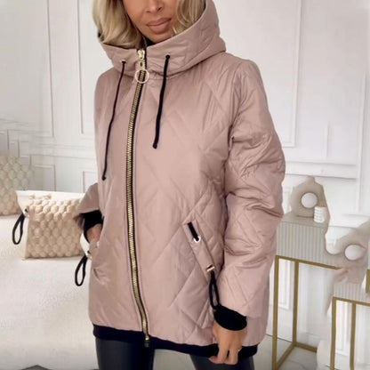 Chaqueta Acolchada Cómoda para Mujeres con Capucha, Cuello Alto, Manga Larga, Cierre Frontal con Cremallera y Estilo Relajado