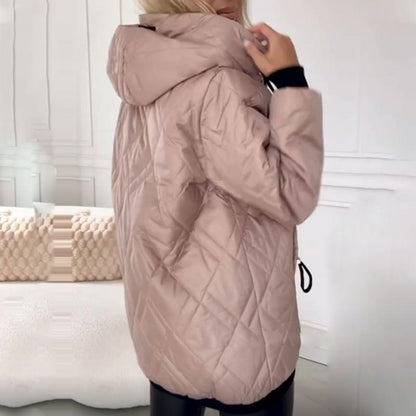 Chaqueta Acolchada Cómoda para Mujeres con Capucha, Cuello Alto, Manga Larga, Cierre Frontal con Cremallera y Estilo Relajado
