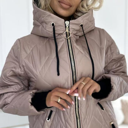 Chaqueta Acolchada Cómoda para Mujeres con Capucha, Cuello Alto, Manga Larga, Cierre Frontal con Cremallera y Estilo Relajado