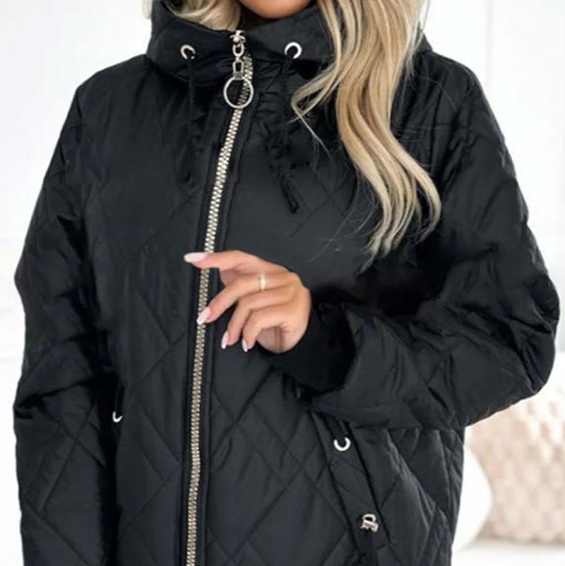 Chaqueta Acolchada Cómoda para Mujeres con Capucha, Cuello Alto, Manga Larga, Cierre Frontal con Cremallera y Estilo Relajado