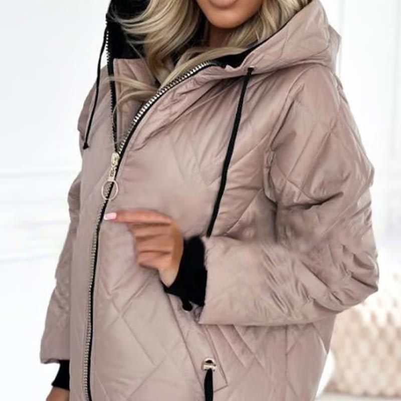 Chaqueta Acolchada Cómoda para Mujeres con Capucha, Cuello Alto, Manga Larga, Cierre Frontal con Cremallera y Estilo Relajado