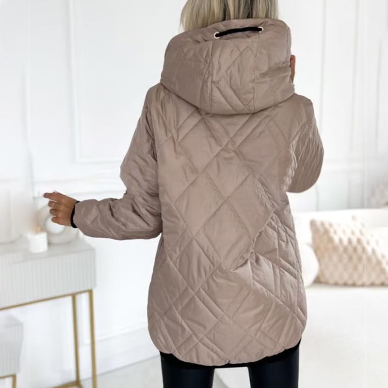 Chaqueta Acolchada Cómoda para Mujeres con Capucha, Cuello Alto, Manga Larga, Cierre Frontal con Cremallera y Estilo Relajado