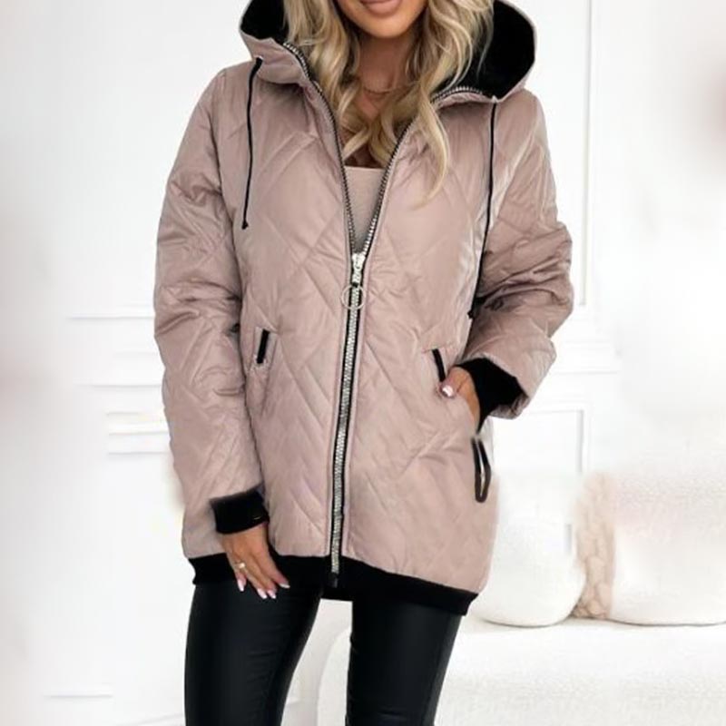 Chaqueta Acolchada Cómoda para Mujeres con Capucha, Cuello Alto, Manga Larga, Cierre Frontal con Cremallera y Estilo Relajado