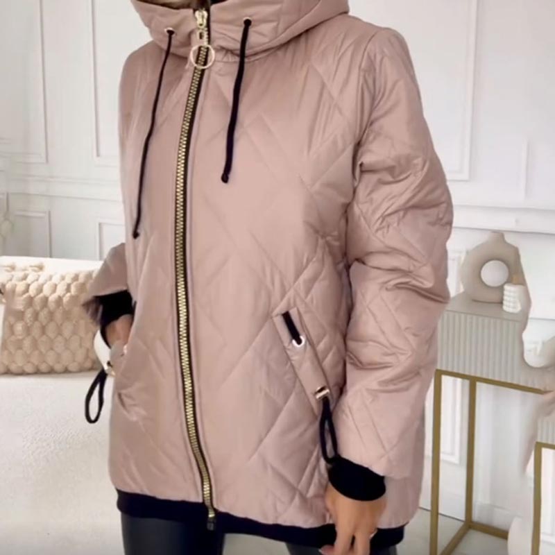 Chaqueta Acolchada Cómoda para Mujeres con Capucha, Cuello Alto, Manga Larga, Cierre Frontal con Cremallera y Estilo Relajado
