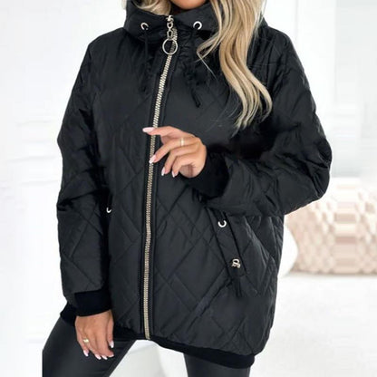 Chaqueta Acolchada Cómoda para Mujeres con Capucha, Cuello Alto, Manga Larga, Cierre Frontal con Cremallera y Estilo Relajado
