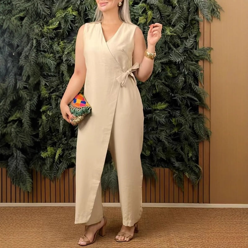Mono Elegante con Frente Envueltos para Mujeres con Escote en V, Sin Mangas, Pierna Ancha y Cintura con Lazo