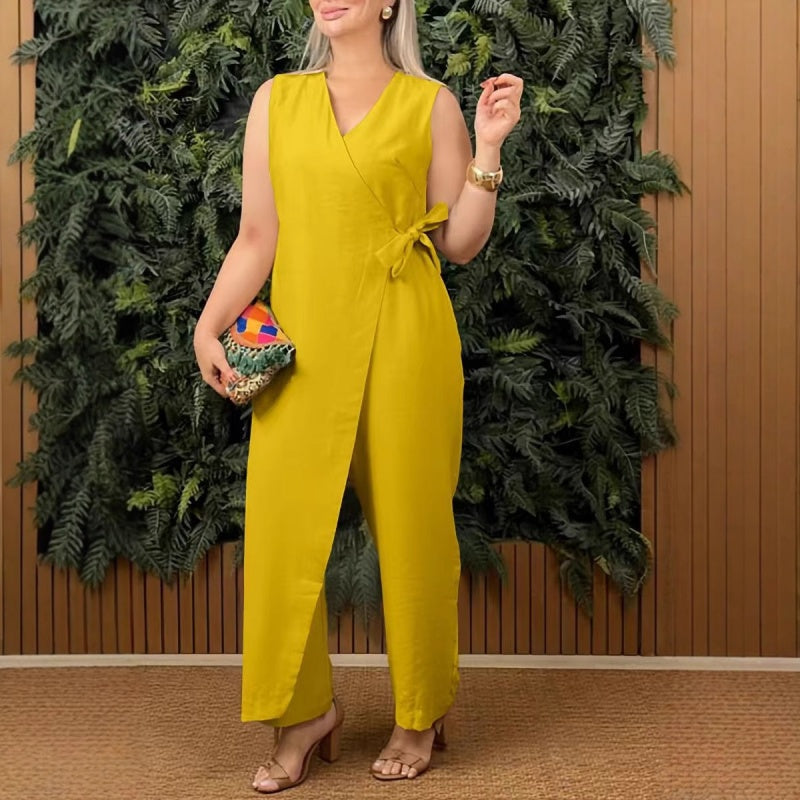 Mono Elegante con Frente Envueltos para Mujeres con Escote en V, Sin Mangas, Pierna Ancha y Cintura con Lazo