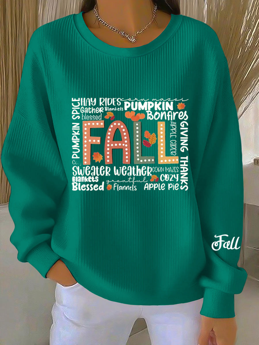 Sudadera gráfica cómoda de color verde teal para mujeres, con cuello redondo, mangas largas, estilo de punto oversized
