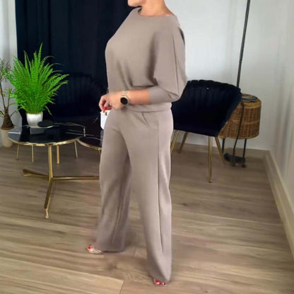 Conjunto Elegante de Tres Piezas para Mujeres con Top de Cuello Redondo, Cárdigan Abierto y Pantalón de Pierna Ancha, Estilo Formal