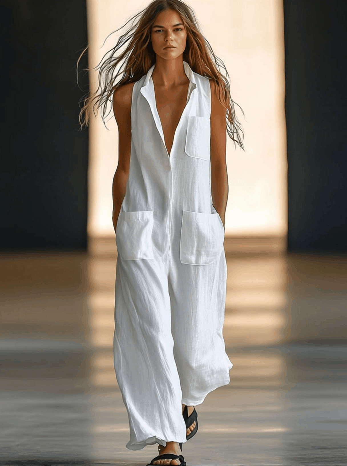 Jumpsuit Elegante de Lino Blanco para Mujeres con Cuello Sin Mangas y Pierna Ancha Estilo Relajado