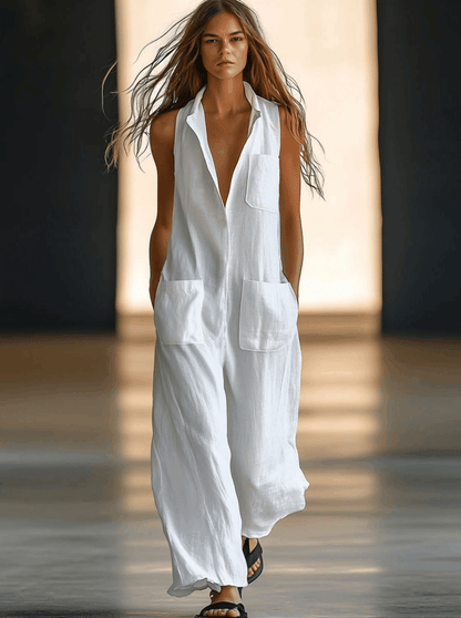 Jumpsuit Elegante de Lino Blanco para Mujeres con Cuello Sin Mangas y Pierna Ancha Estilo Relajado
