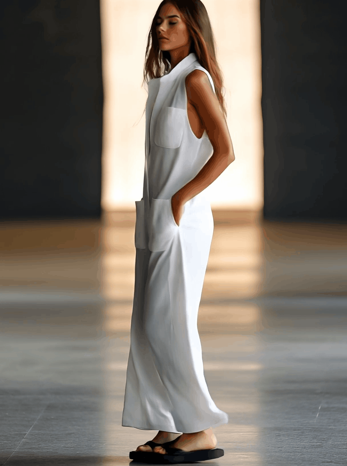 Jumpsuit Elegante de Lino Blanco para Mujeres con Cuello Sin Mangas y Pierna Ancha Estilo Relajado