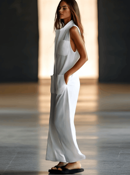 Jumpsuit Elegante de Lino Blanco para Mujeres con Cuello Sin Mangas y Pierna Ancha Estilo Relajado