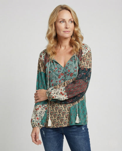 Blusa Floral de Patchwork Sin Esfuerzo para Mujeres con Cuello en V, Manga Larga y Laço de Borlas Estilo Bohemio