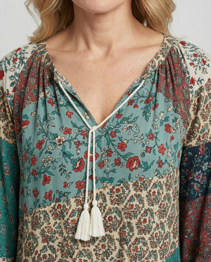 Blusa Floral de Patchwork Sin Esfuerzo para Mujeres con Cuello en V, Manga Larga y Laço de Borlas Estilo Bohemio
