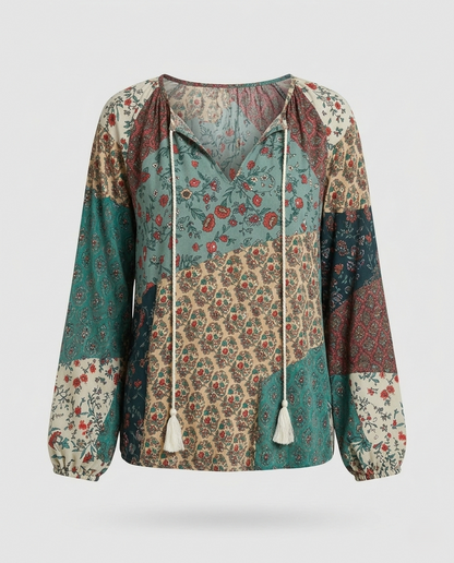 Blusa Floral de Patchwork Sin Esfuerzo para Mujeres con Cuello en V, Manga Larga y Laço de Borlas Estilo Bohemio