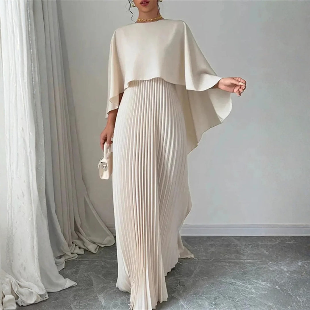Elegante Vestido Maxi Plisado para Mujeres con Cuello Alto y Manga Capa en Estilo Columnar Fluido