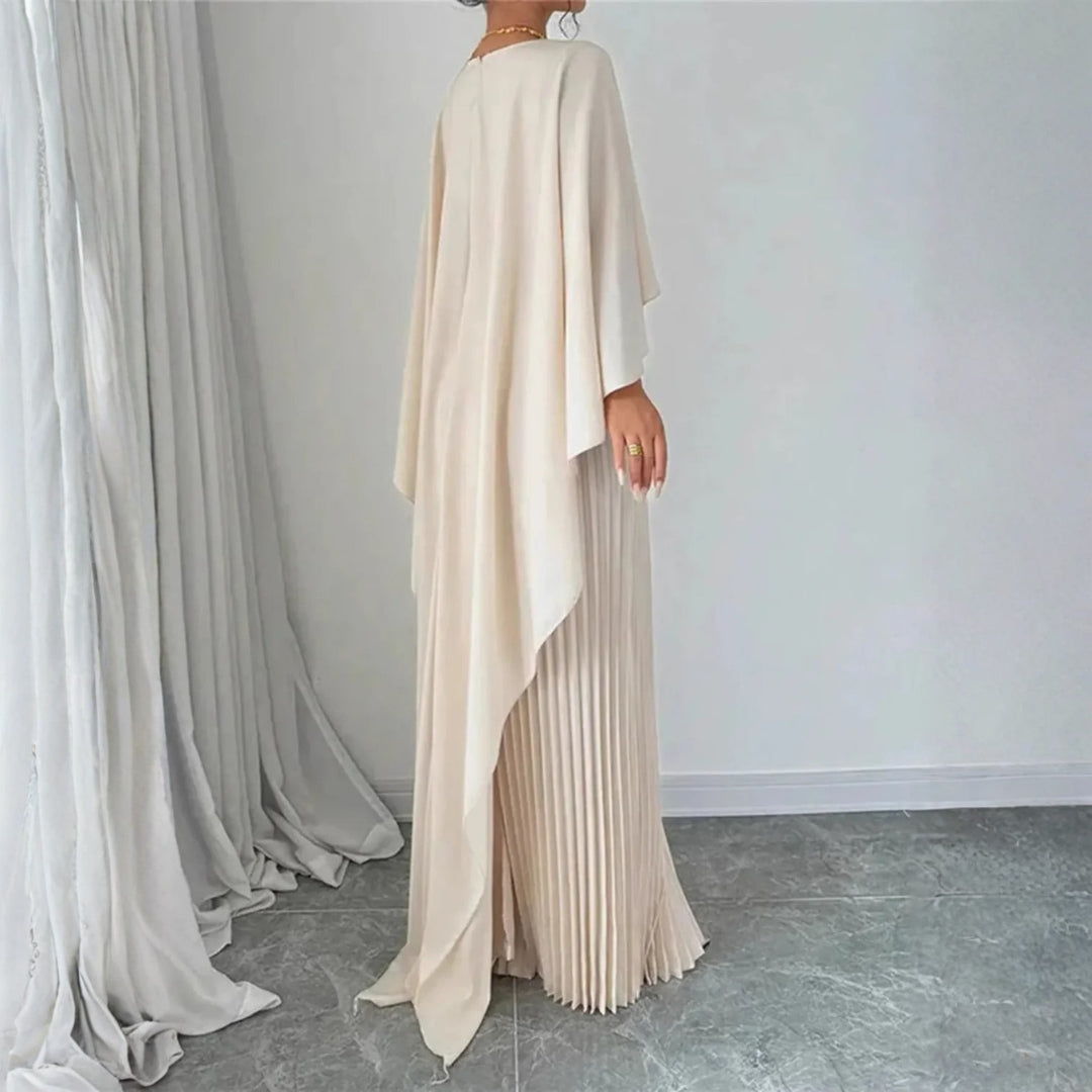 Elegante Vestido Maxi Plisado para Mujeres con Cuello Alto y Manga Capa en Estilo Columnar Fluido