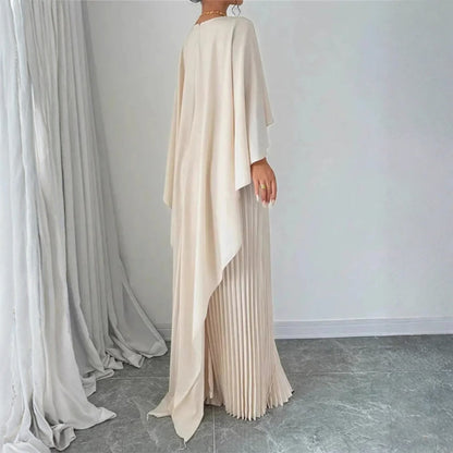 Elegante Vestido Maxi Plisado para Mujeres con Cuello Alto y Manga Capa en Estilo Columnar Fluido