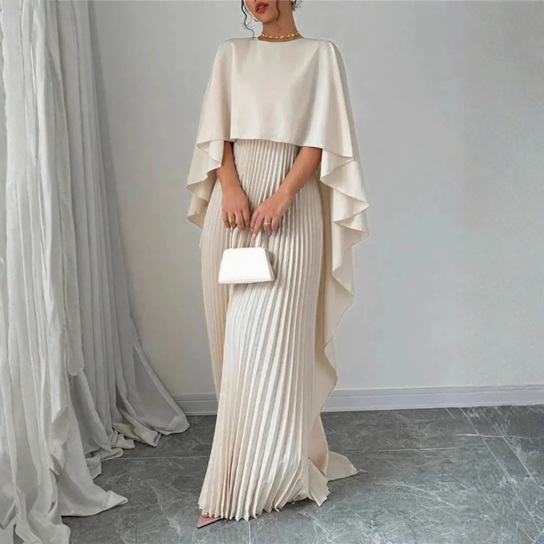Elegante Vestido Maxi Plisado para Mujeres con Cuello Alto y Manga Capa en Estilo Columnar Fluido