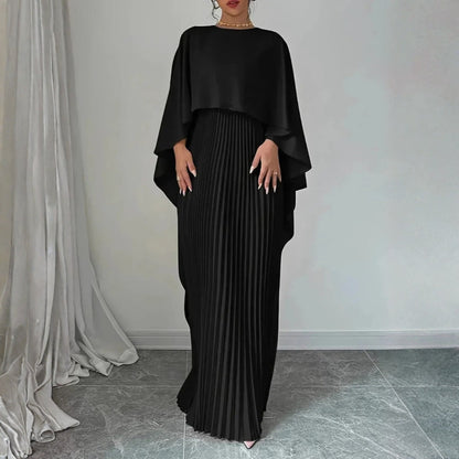Elegante Vestido Maxi Plisado para Mujeres con Cuello Alto y Manga Capa en Estilo Columnar Fluido