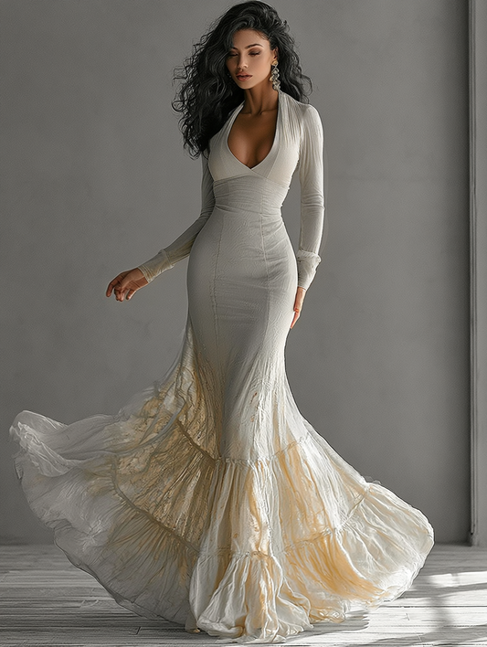 Elegante Vestido Maxi Sirena Beige para Mujeres con Escote en V y Manga Larga con Volantes en Capas