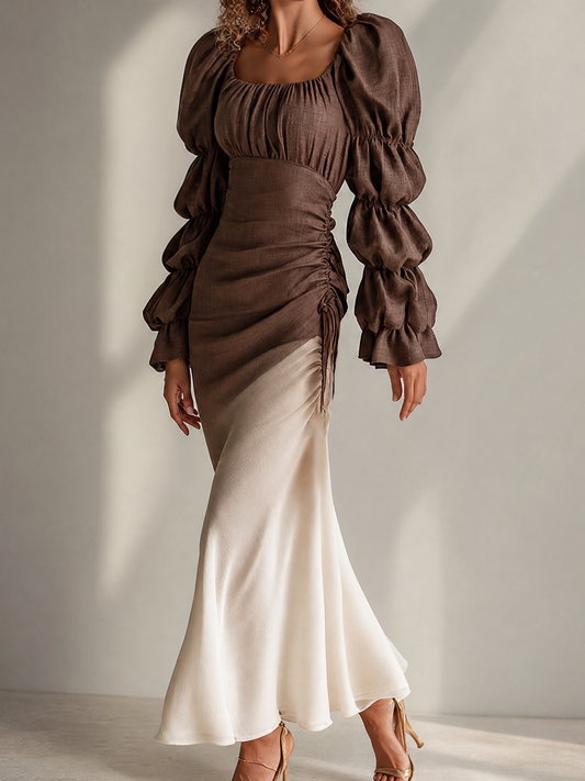 Vestido Maxi Elegante de Bloques de Color Marrón para Mujeres con Cuello Cuadrado, Manga Abullonada, y Dobladillo de Sirena Fruncido en Estilo Fluido