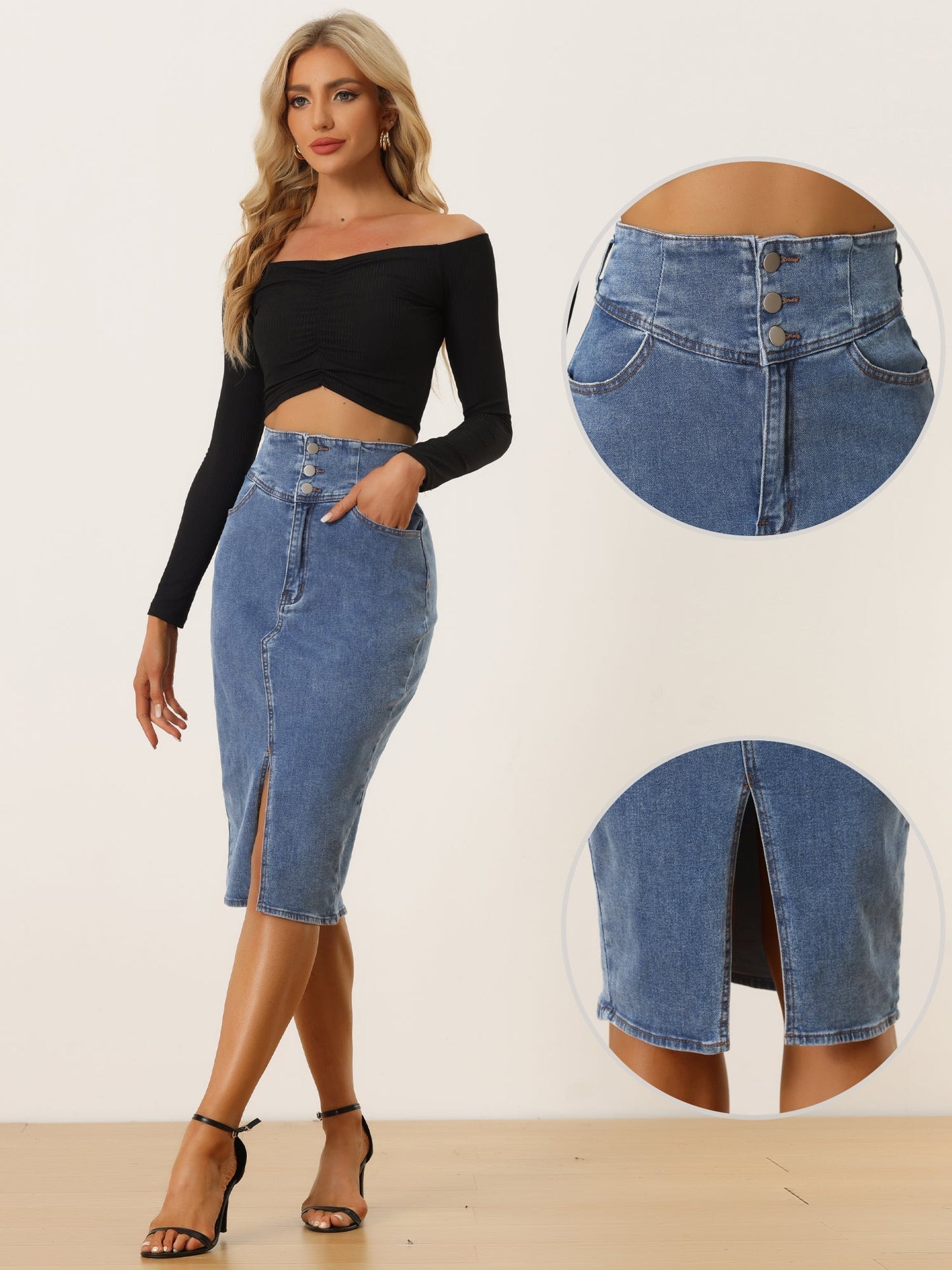 Falda de Jean Sin Esfuerzo para Mujeres con Cintura Alta y Abertura Frontal Estilo Midi Lápiz
