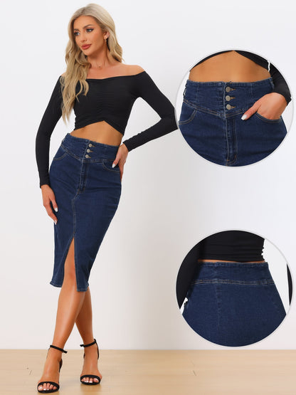 Falda de Jean Sin Esfuerzo para Mujeres con Cintura Alta y Abertura Frontal Estilo Midi Lápiz