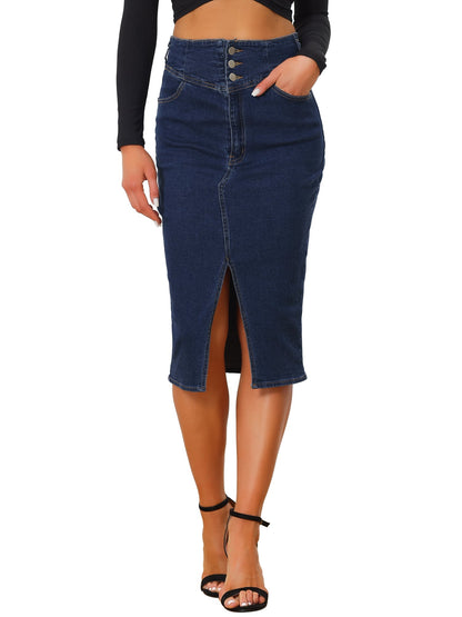 Falda de Jean Sin Esfuerzo para Mujeres con Cintura Alta y Abertura Frontal Estilo Midi Lápiz