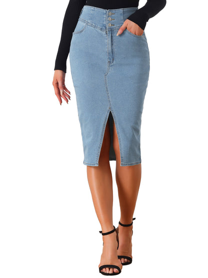 Falda de Jean Sin Esfuerzo para Mujeres con Cintura Alta y Abertura Frontal Estilo Midi Lápiz