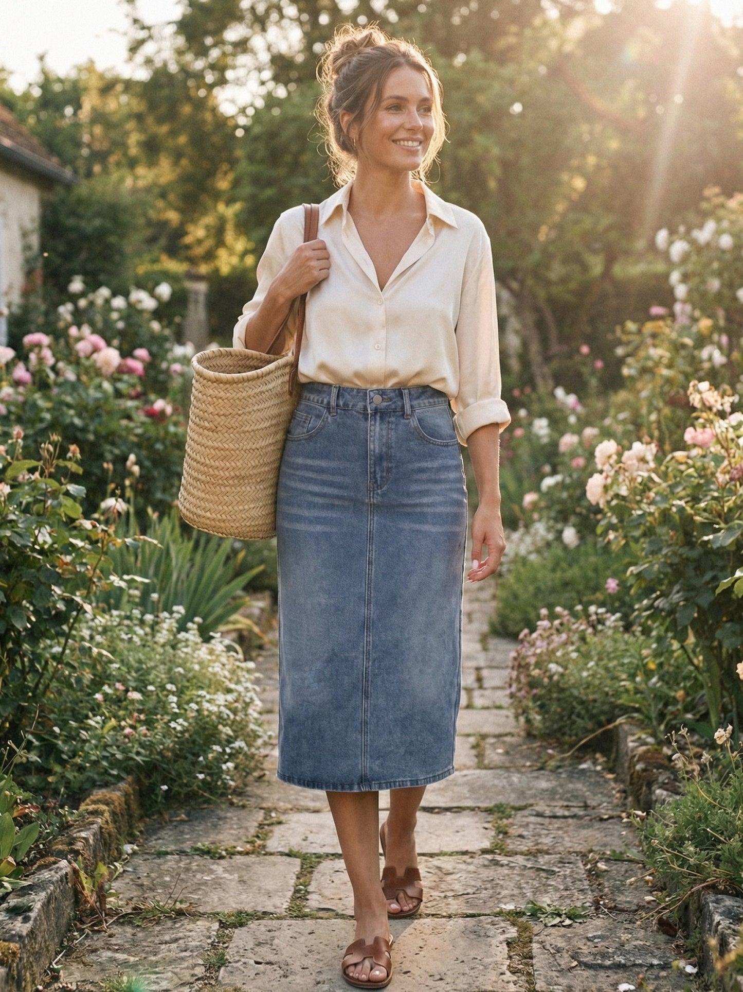 Falda de Mezclilla Sin Esfuerzo para Mujeres con Cintura Alta, Midi, Recta, Estilo Casual