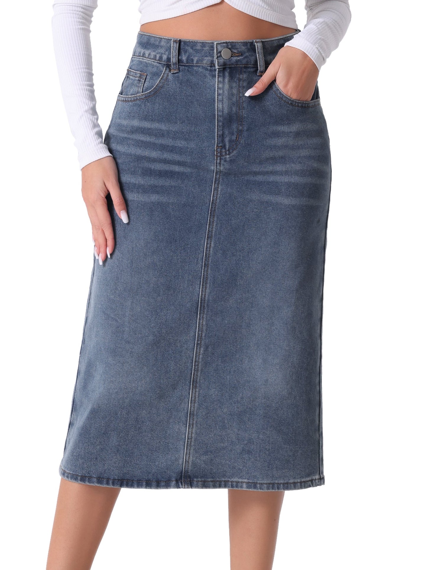 Falda de Mezclilla Sin Esfuerzo para Mujeres con Cintura Alta, Midi, Recta, Estilo Casual